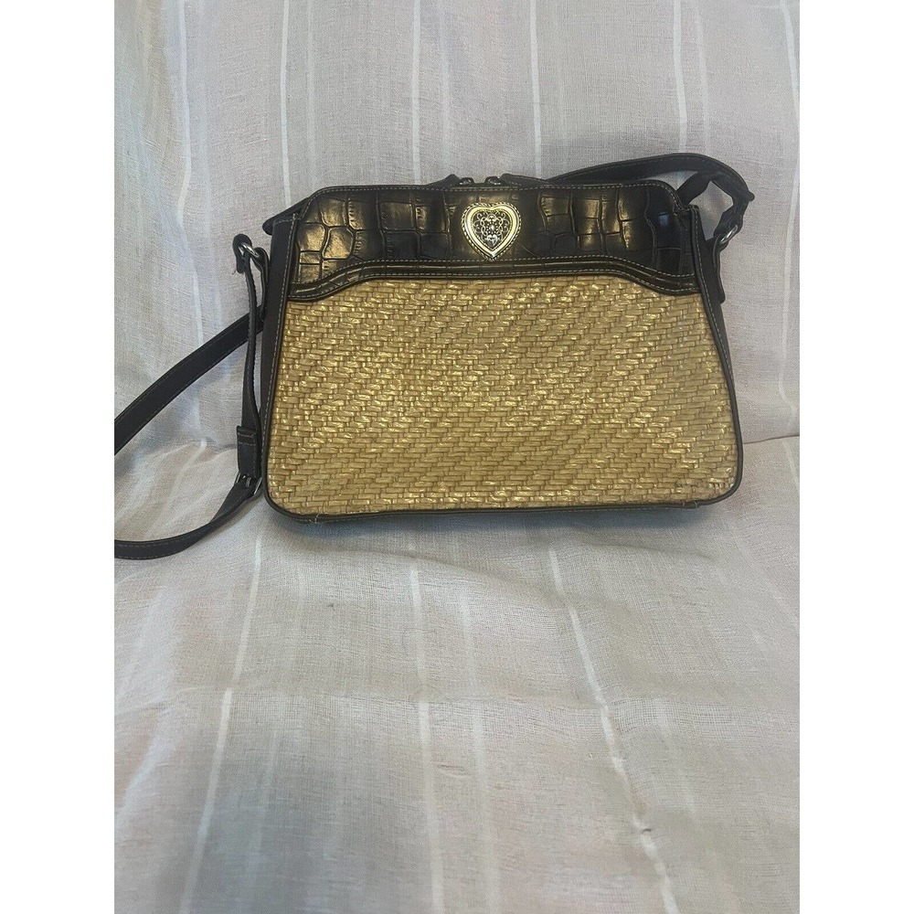 VTG Marlo Woven Straw Leather Crossbody Purse Handbag Brown